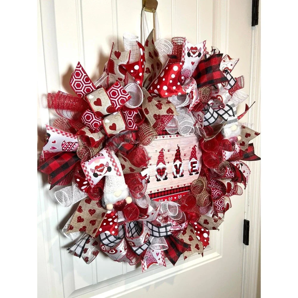 Handmade Valentine’s Gnome LOVE Ribbon Prelit Wreath 22 ins LED W11